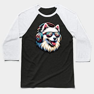 Smiling Japanese Spitz DJ with Stylish Sunglasses Baseball T-Shirt